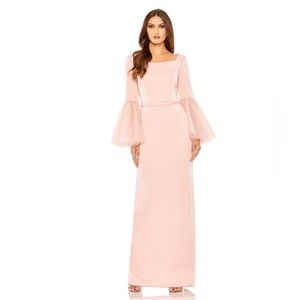 Mac Duggal Blush Pink Long Sleeve Maxi Gown with Sheer Bell Sleeves